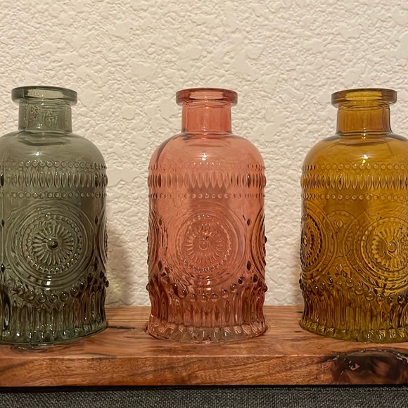 New! Artisan handmade hardwood oblong tray with 3 pressed glass vases - Picture 1 of 16